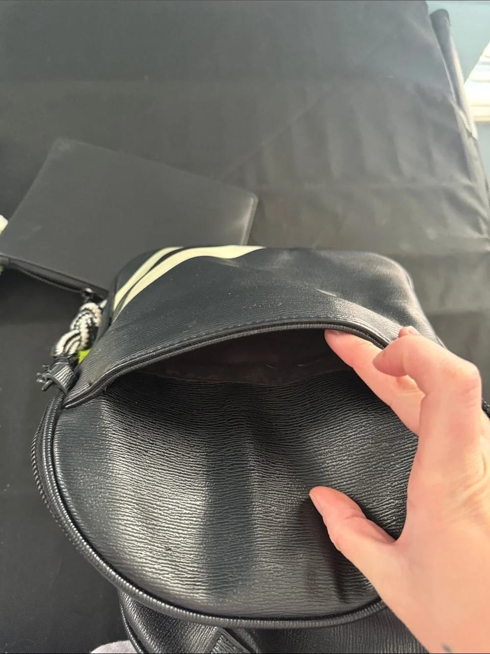 Aldo Black Mini Backpack with Cream Diagonal Stripes